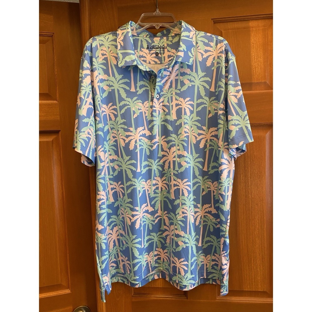 CHUBBIES Polo Shirt Mens XXL Palm Trees Tropical Print Performance 2XL Blue Pink